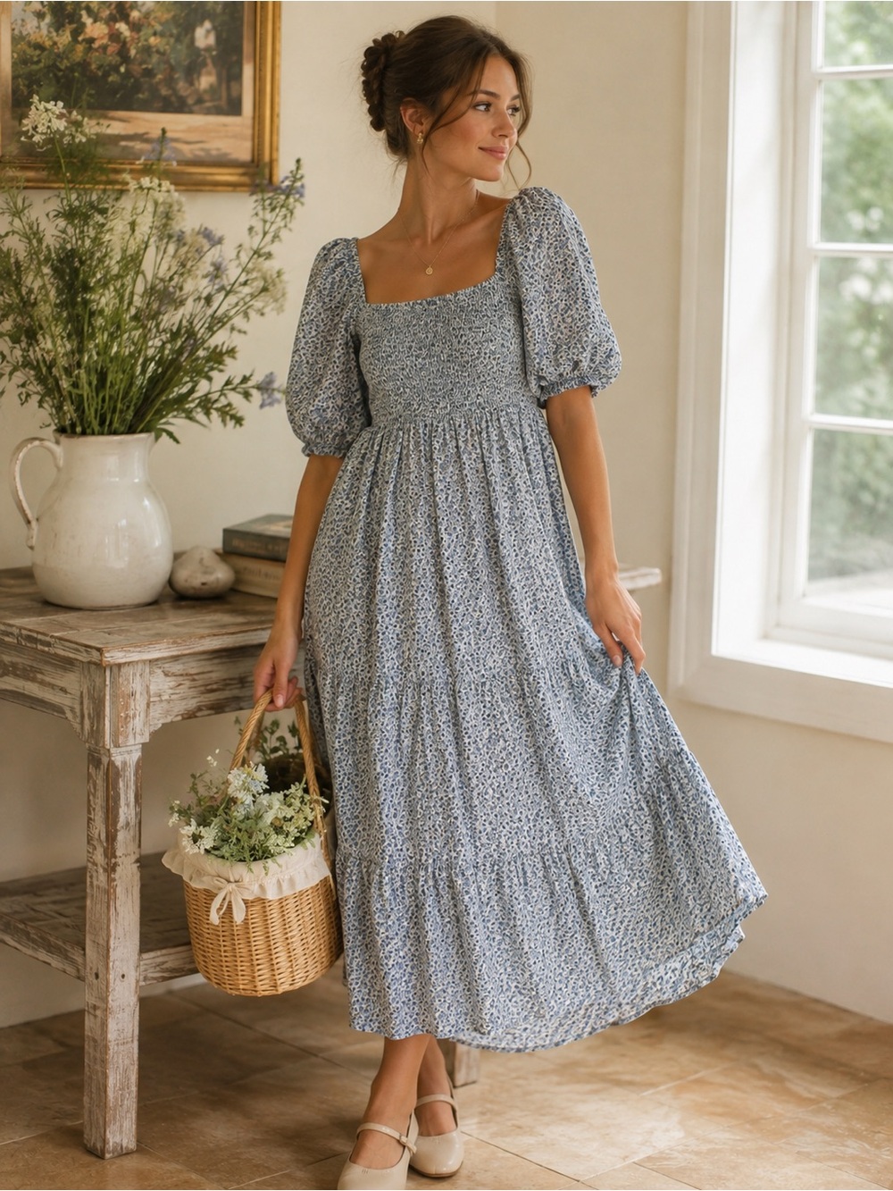 O.P.T x Tuckernuck | Blue Floral Smocked Midi Dress - Size Large